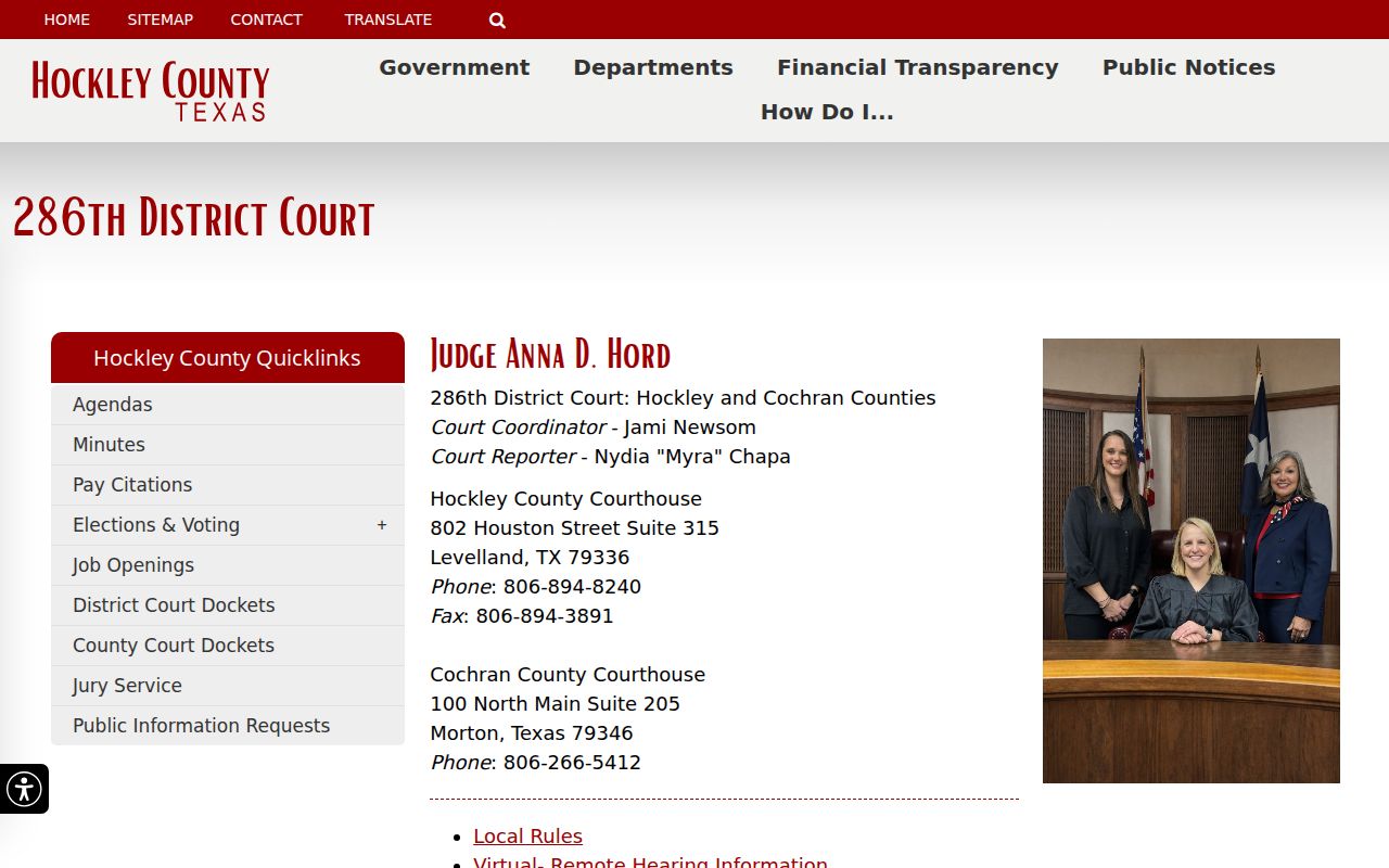 Hockley County 286th District Court contact block for felony case routing