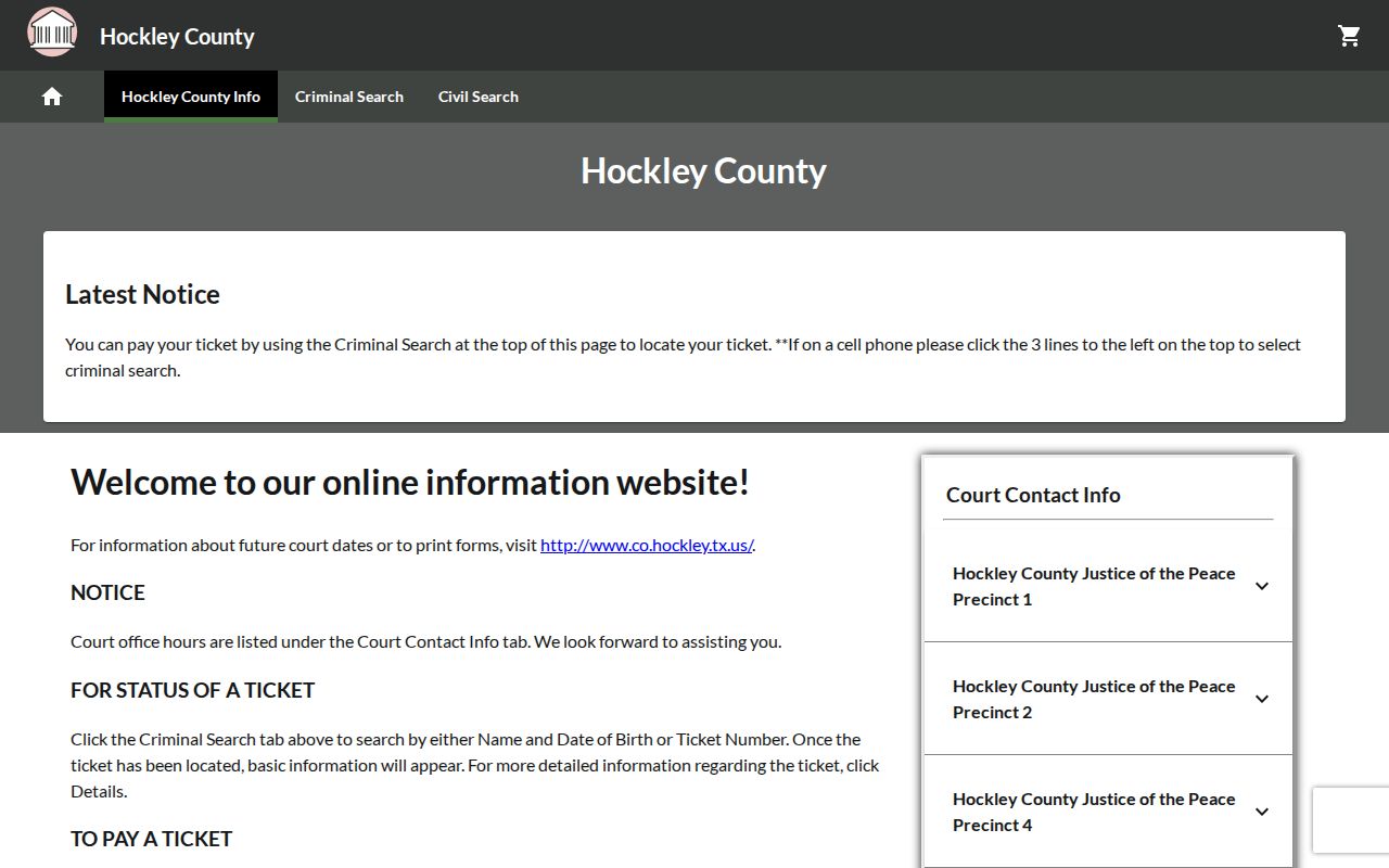 Hockley County JP court selector in the GovRec citation payment portal