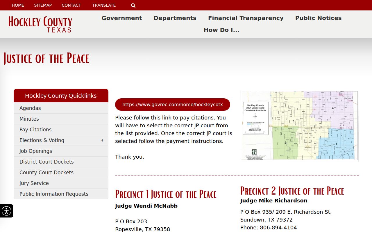 Hockley County Justice of the Peace page with four precinct routes