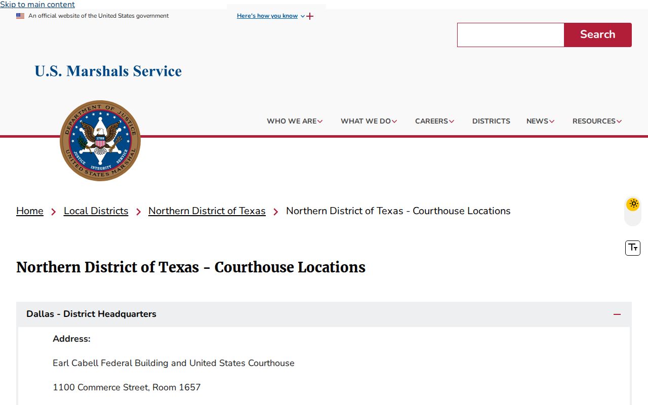 U.S. Marshals Lubbock contact page for the regional federal district