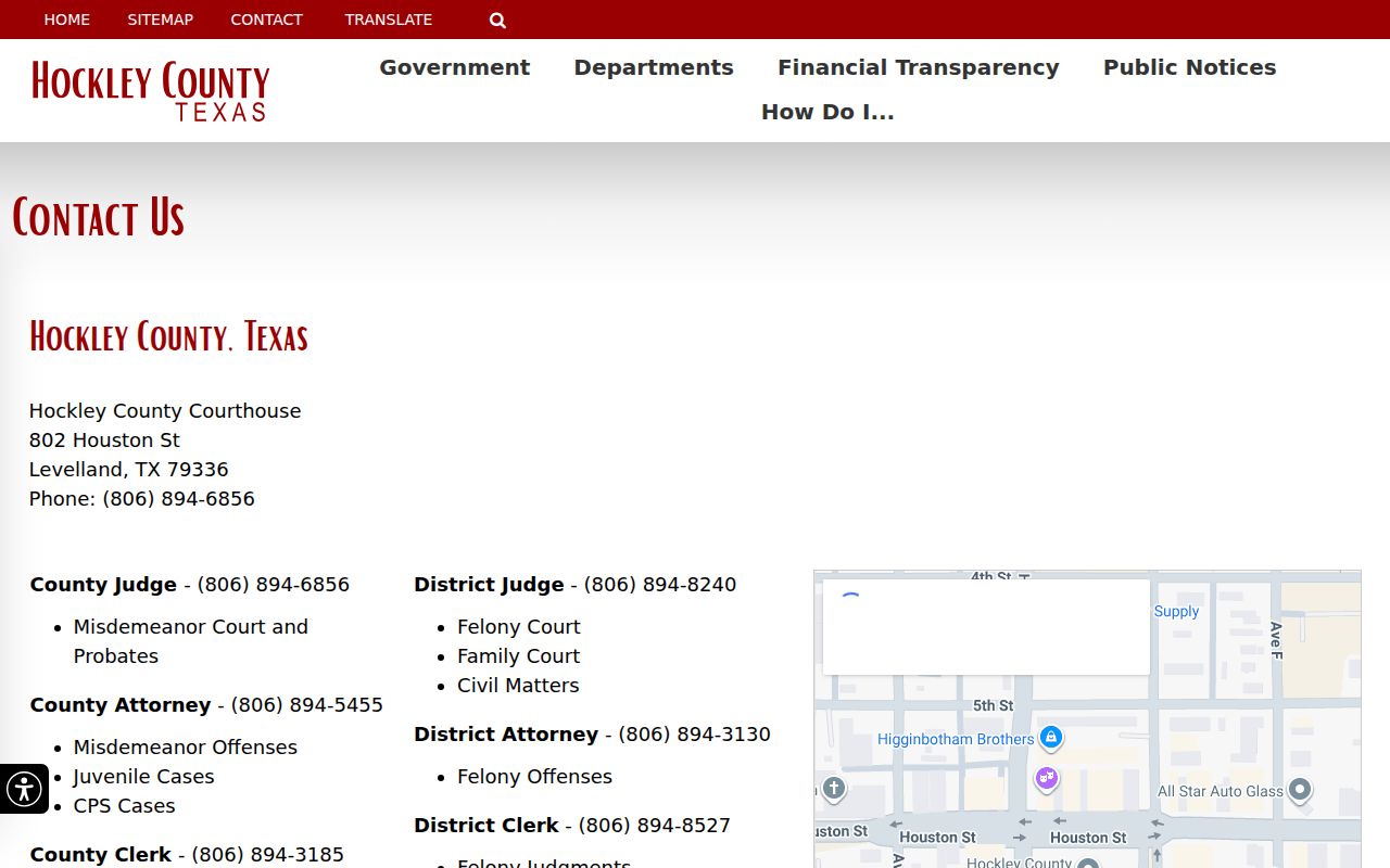 Hockley County contact page listing warrant and courthouse office routes