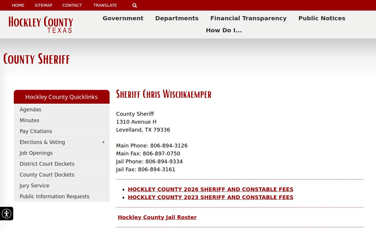 Hockley County Sheriff contact page for warrant service questions